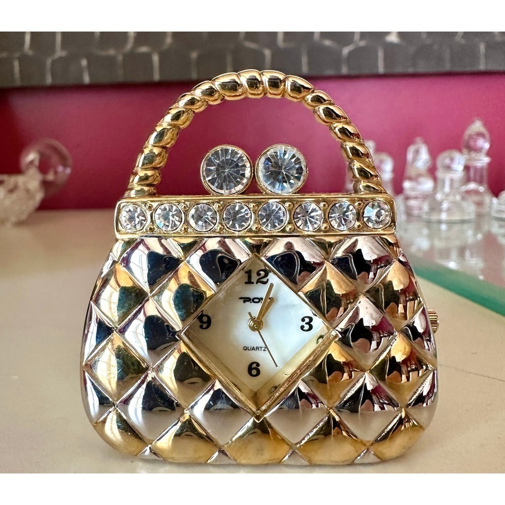 VTG P.O.V. Purse Shaped Quartz Watch White MOP Face Rhinestones Works
